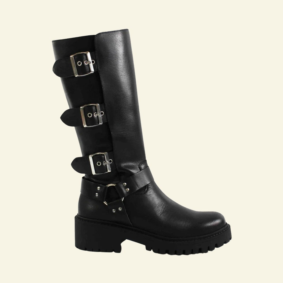 BOTA MOTERA DE PIEL CON HEBILLAS NEGRO