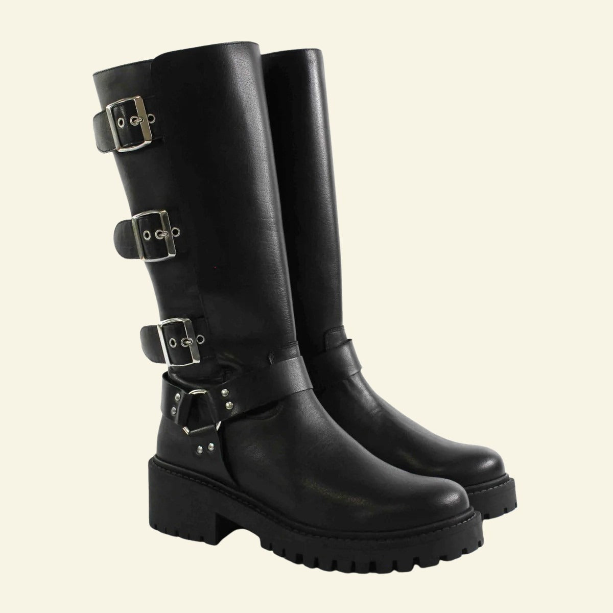 BOTA MOTERA DE PIEL CON HEBILLAS NEGRO